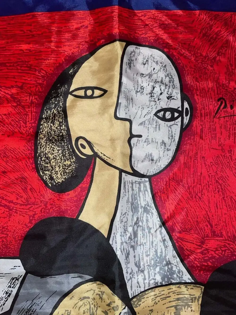 VTG Picasso Inspired Art Print Silk Scarf | Blue Red Square Scarf Wrap